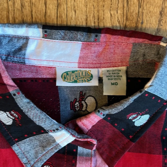 VTG plaid snowmen button downn women medium patchworkrk red white black - Picture 2 of 6